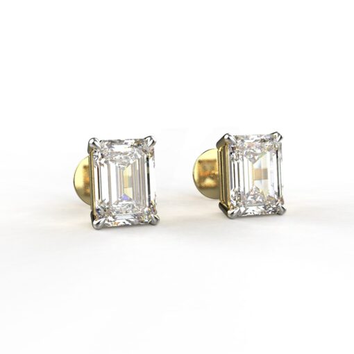 1 Carat Each Emerald Cut Solitaire Stud Earrings With Gold Polish